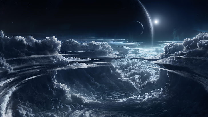 space art, fantasy art, sky, clouds, moonlight, universe, planet, storm, space, cyclone, darkness, HD wallpaper