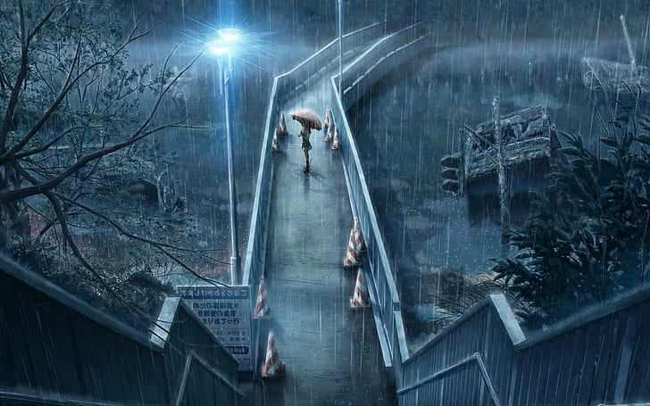Girl in the rain, woman with umbrella on footbridge cartoon graphic, anime, 1920x1200, rain, umbrella, woman, bridge, HD wallpaper