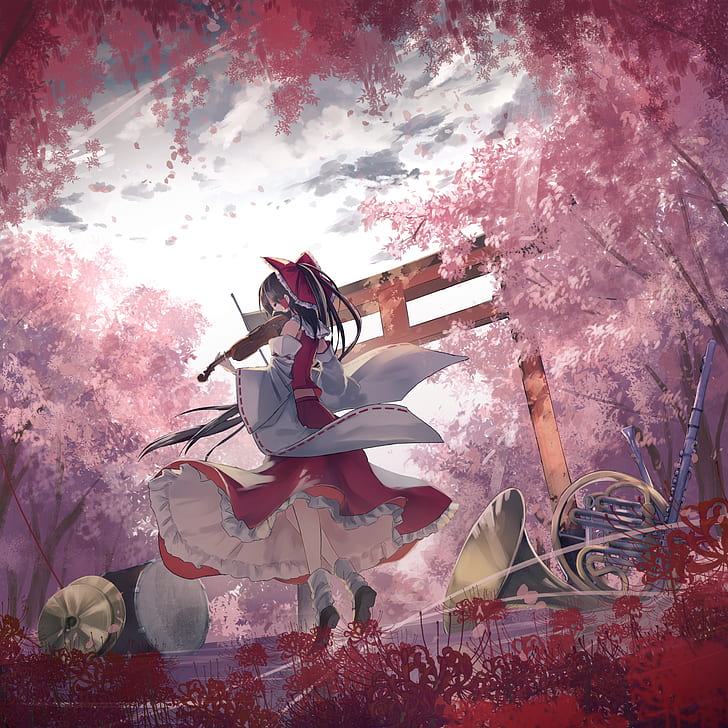 hakurei reimu, kuil, sakura blossom, biola, instrumen, Anime, Wallpaper HD