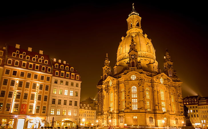 Dresden Frauenkirche, beige structure, Europe, Germany, night, dresden, frauenkirche, church, HD wallpaper