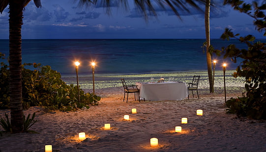 white sand, beach, the ocean, romance, the evening, candles, ocean, sunset, view, romantic, dinner, HD wallpaper HD wallpaper