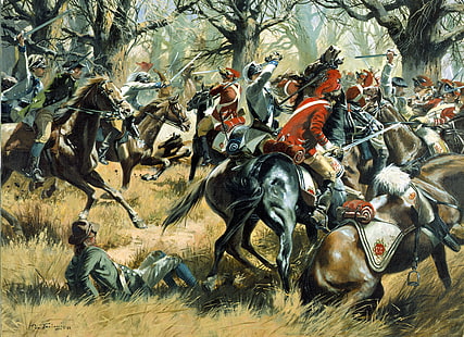 оружие, масло, картина, бой, конь, Южная Каролина, бой, экипировка, холст, художник Дон Трояни, Каупенс, американские драгуны, английская кавалерия, 17 января 1781 года., HD обои HD wallpaper