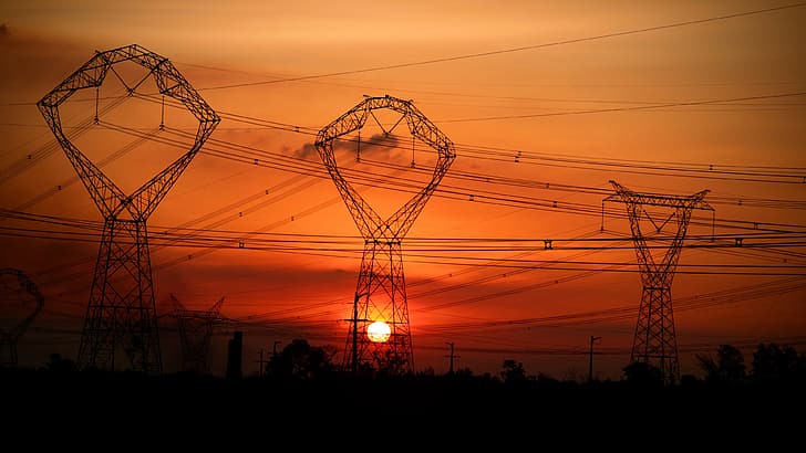 powerlines, electricity, tower, sunset, sky, low light, silhouette, HD wallpaper