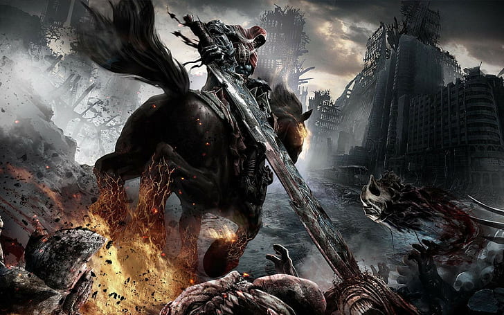 apocalyptic, cityscape, sword, Darksiders, Four Horsemen of the Apocalypse, HD wallpaper