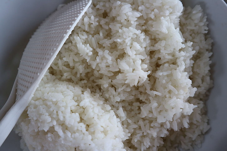 bowl, drink, food, pile of rice, rice, rice spoon, spoon, white, white rice, white spoon, HD wallpaper