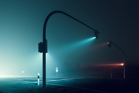 Traffic lights, Foggy night, Road, HD, HD wallpaper HD wallpaper