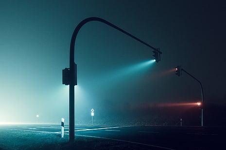 Traffic lights, Road, Foggy night, HD wallpaper HD wallpaper