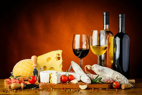 الغذاء ، الحياة الساكنة ، الزجاجة ، الجبن ، الزجاج ، اللحوم ، الطماطم ، النبيذ، خلفية HD HD wallpaper