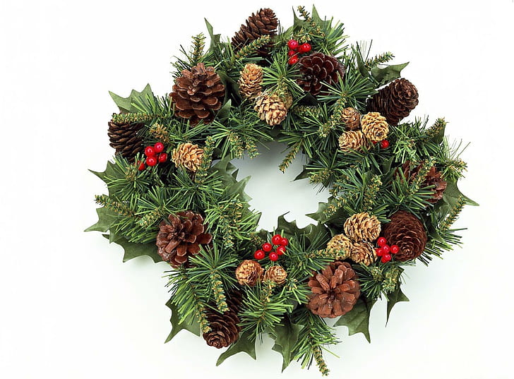 wreath, cones, needles, berries, christmas, holiday, attribute, wreath, cones, needles, berries, christmas, holiday, attribute, HD wallpaper
