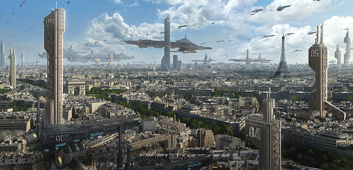 иллюстрация высотных зданий, облака, город, будущее, транспорт, эйфелева башня, вид, париж, корабли, небоскребы, арт, арка, астрокевин, HD обои