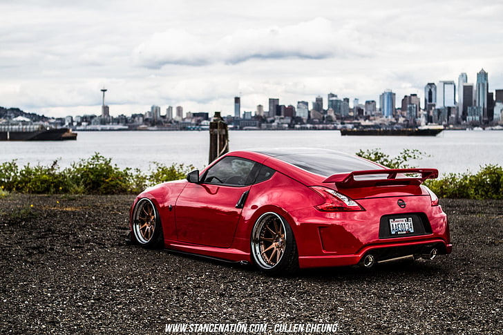 red Volkswagen Beetle coupe photo, Nissan, Nissan 350Z, Stance, Stanceworks, StanceNation, red cars, HD wallpaper