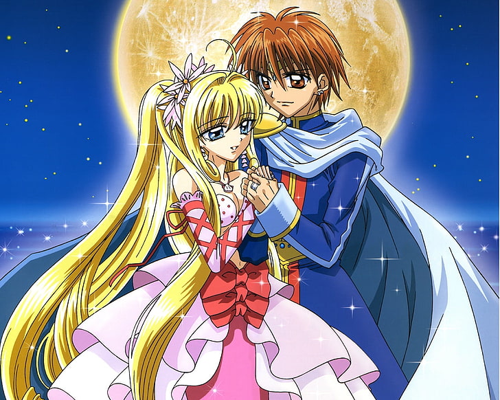 female and male anime character wallpaper, boy, girl, embrace, support, moon, costumes, HD wallpaper