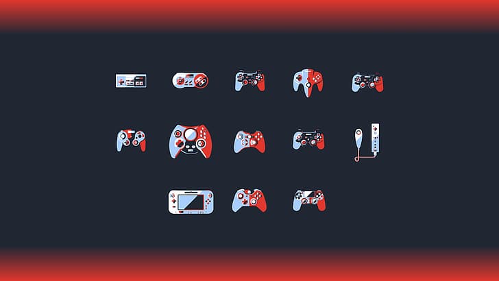 video games, controllers, simple background, minimalism, PlayStation, Xbox, Nintendo Entertainment System, Dreamcast, Nintendo 64, N64, GameCube, Nintendo Gamecube, PlayStation 2, Xbox 360, PlayStation 3, Wii, Wii U, Xbox One, PlayStation 4, HD wallpaper