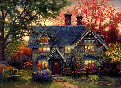 niebiesko-szara ilustracja 3-kondygnacyjnego domu, dom, wieczór, sklep, malowanie, chata, sztuka, ławka, światło w oknach, Thomas Kinkade, Gingerbread Cottage, kamienna chata, Tapety HD HD wallpaper