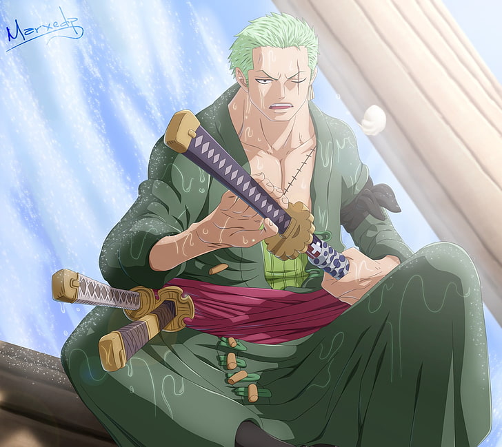 One Piece, Roronoa Zoro, meninos anime, guerreiro, katana, cabelos verdes, anime, espada, HD papel de parede