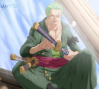 One Piece, Ророноа Зоро, аниме парни, воин, катана, зеленые волосы, аниме, меч, HD обои HD wallpaper