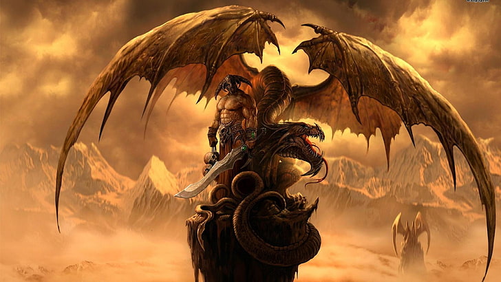 Ilustración del dragón marrón, dragón, arte de fantasía, guerrero, dibujo, medieval, arte digital, Fondo de pantalla HD
