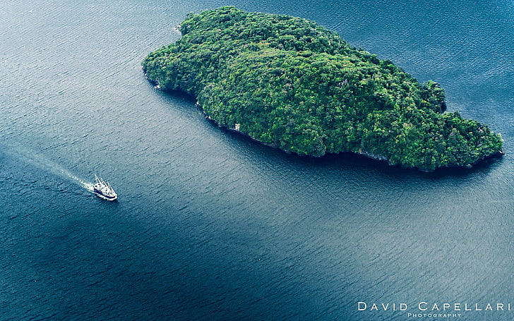 nature, photography, aerial view, island, David Capellari, sea, ship, HD wallpaper