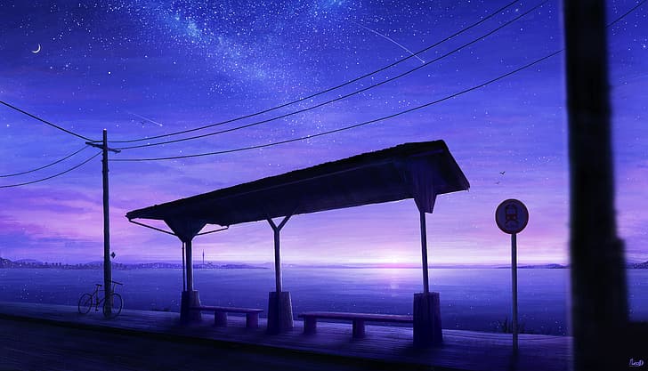 RicoDZ, Sterne, Bushaltestelle, Sternschnuppen, Stromleitungen, Fahrrad, Meer, Sonnenuntergang, digitale Kunst, Bank, HD-Hintergrundbild