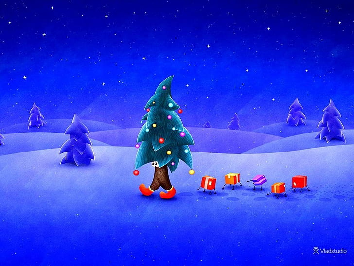 niños de dibujos animados árbol de Navidad caminando Entretenimiento Divertido HD Art, diversión, dibujos animados, Navidad, niños, Fondo de pantalla HD