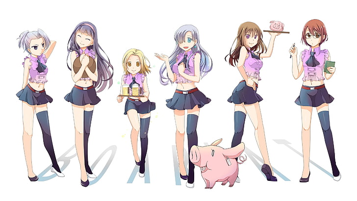 fondo de pantalla digital de anime pink pig and six women, Gowther (Sin of Lust), Nanatsu no Taizai, Elizabeth Liones, Diane (Sin of Envy), Jericho, Guila, Elaine, Fondo de pantalla HD