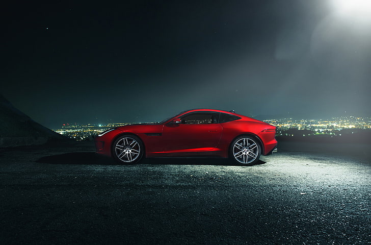 Jaguar, Dark, City, Red, Car, Coupe, Side, F-Type R, Nigth, HD wallpaper