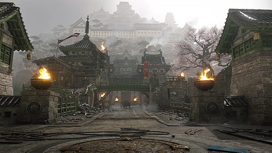 scena del film del villaggio marrone e grigio, For Honor, samurai, Sfondo HD HD wallpaper