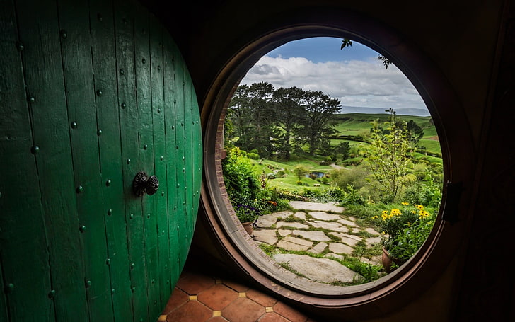 зелена дървена врата, природа, Край на чанта, врата, Shire, Властелинът на пръстените, Хобитът, HD тапет