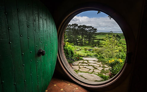 зелена дървена врата, природа, Край на чанта, врата, Shire, Властелинът на пръстените, Хобитът, HD тапет HD wallpaper