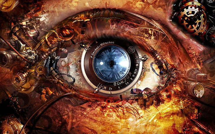 brunt och blått mänskligt öga illustration, science fiction, fantasy konst, ögon, digital konst, HD tapet