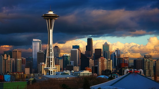 Seattle, pejzaż miejski, miasto, sylwetka na tle nieba, obszar metropolitalny, niebo, Waszyngton, drapacz chmur, metropolia, punkt orientacyjny, Stany Zjednoczone, chmura, śródmieście, wieżowiec, zmierzch, USA, Tapety HD HD wallpaper