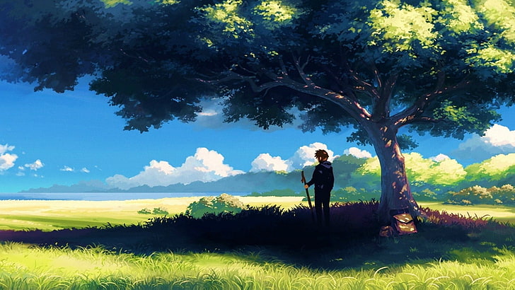 hombre de pie bajo el árbol de papel tapiz digital, naturaleza, anime, chicos de anime, árboles, hierba, cielo, Fondo de pantalla HD