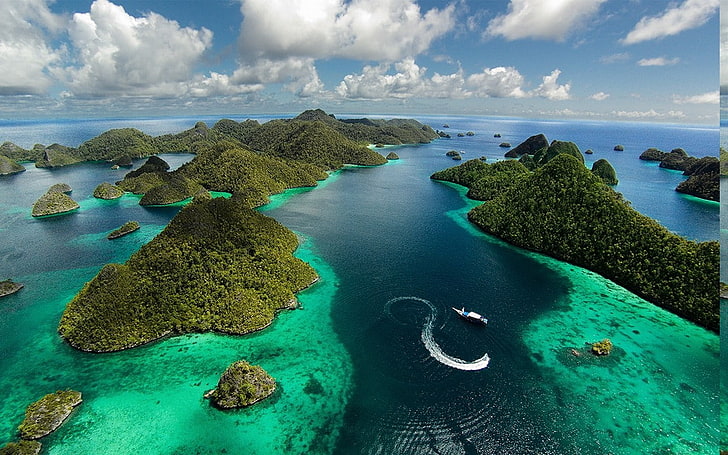 Aerial View, blue, clouds, Green, Indonesia, island, landscape, nature, Raja Ampat, sea, summer, tropical, water, HD wallpaper