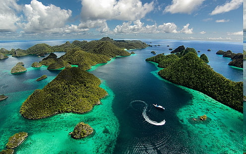 Vista aérea, azul, nubes, verde, Indonesia, isla, paisaje, naturaleza, Raja Ampat, mar, verano, tropical, agua, Fondo de pantalla HD HD wallpaper