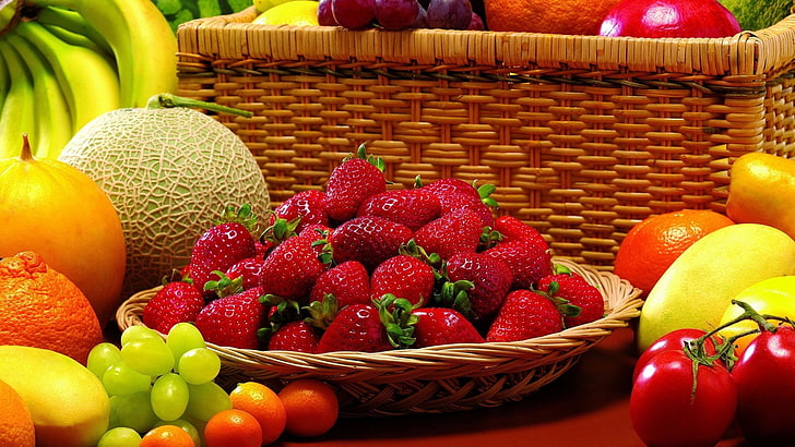 variety of fruits, berries, fruits, strawberries, cantaloupe, grapes, HD wallpaper