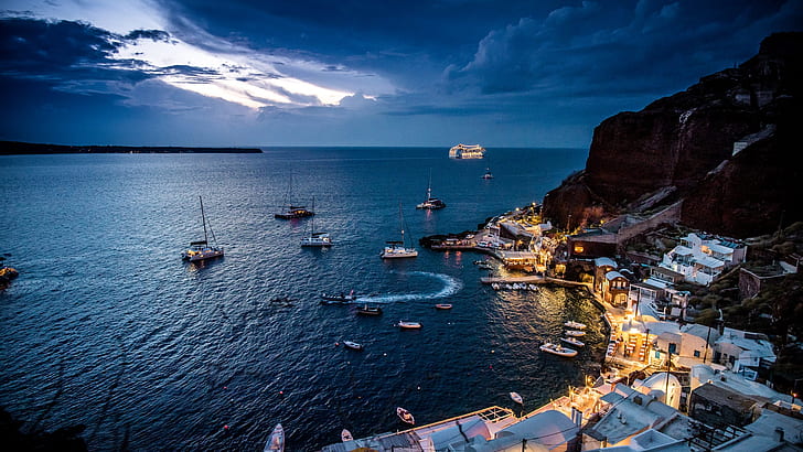 sea, mountains, the city, home, boats, the evening, Santorini, Greece, Bay, Ia, Amoudi, HD wallpaper