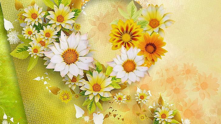Sunshine Yellow, firefox persona, yellow, fall, floral, green, flowers, vines, burlap, summer, autumn, daisy, 3d and abs, HD wallpaper