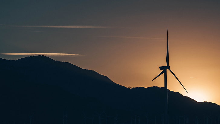 silhouette of wind mill near mountgain during golden hour, photography, sunset, landscape, windmill, mountains, HD wallpaper