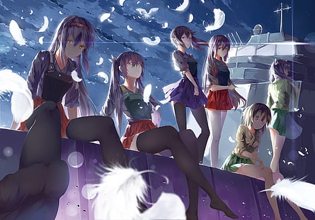Fondo de pantalla de personajes de anime de seis mujeres, Colección Kantai, Akagi (KanColle), Hiryuu (KanColle), Kaga (KanColle), Shoukaku (KanColle), Souryuu (KanColle), Zuikaku (KanColle), plumas, nave, muslos, Fondo de pantalla HD HD wallpaper