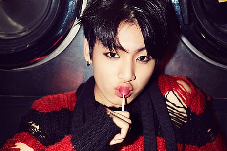 мъжки червен и черен пуловер, kpop, BTS, Jungkook, HD тапет HD wallpaper