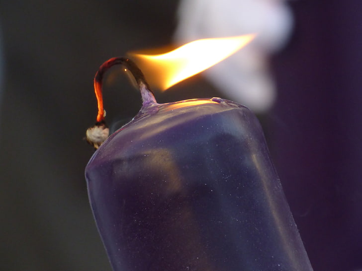 purple pillar candle, candle, wick, wax, fire, HD wallpaper
