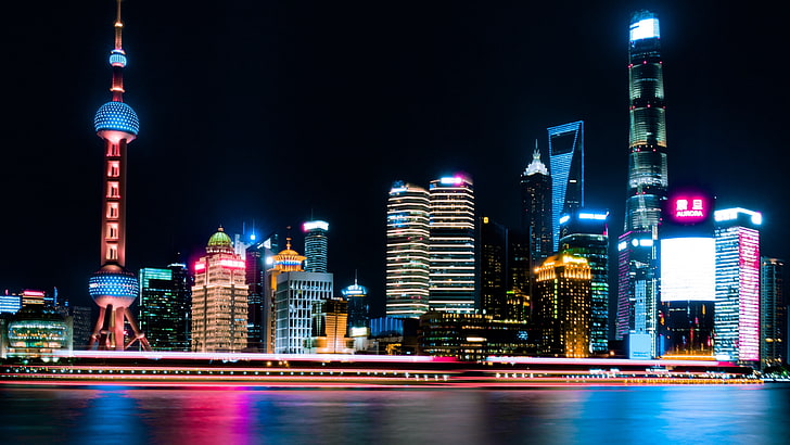 city lights, cityscape, oriental pearl tower, skyline, metropolis, skyscrapers, landmark, night, tower, downtown, asia, pudong, shanghai, HD wallpaper