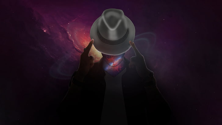 бяла шапка Fedora, шапка, космос, сюрреализъм, човек, вселена, фантазия, HD тапет