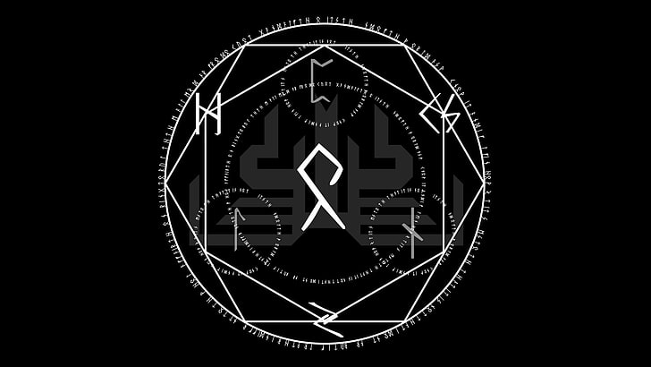 شعار أسود ورمادي ، دائرة سحرية ، بساطتها ، خلفية سوداء ، أحرف رونية، خلفية HD