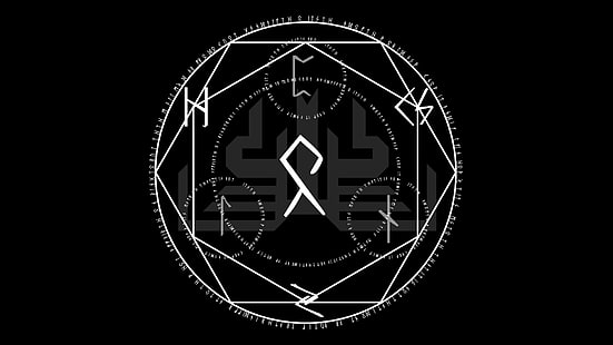 черно-серый логотип, магический круг, минимализм, черный фон, руны, HD обои HD wallpaper