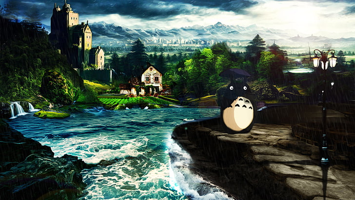 painting of white concrete house, Totoro, Studio Ghibli, digital art, Photoshop, photo manipulation, rain, sea monsters, landscape, castle, animation, My Neighbor Totoro, anime, HD wallpaper