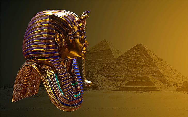 Pharaoh, mask, pyramid, desert, ancient, Egypt, digital art, HD wallpaper