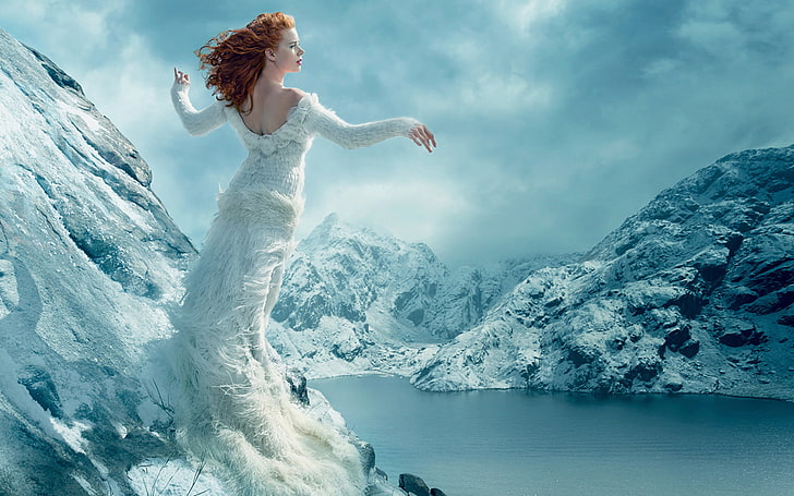 женское белое платье с длинными рукавами, пейзаж, горы, платье, Vogue, Эми Адамс, сентябрь 2014, HD обои