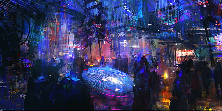 Menschen sammeln digitale Kunst, Kunstwerke, Cyberpunk, Stadt, futuristische Stadt, HD-Hintergrundbild
