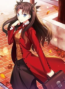 девушка в красном и коричневом топе с аниме персонажем цифровых обоев, серия судьбы, тосака рин, аниме девушки, HD обои HD wallpaper